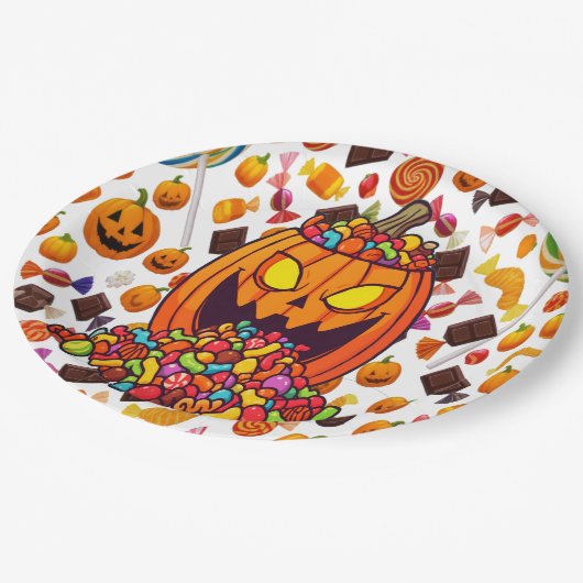Bunte Halloween-Candy Pumpkins-Teller Pappteller (Schrägansicht)
