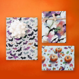 Bunte Halloween fallen Pumpkins Fledermäuse Aquare Geschenkpapier Set