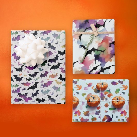 Bunte Halloween fallen Pumpkins Fledermäuse Aquare Geschenkpapier Set