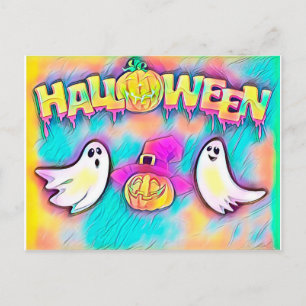 Bunte Halloween-Geister und Pumpkins Postkarte
