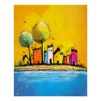 Bunte Häuser am See im Pop Art Cartoon Stil Poster