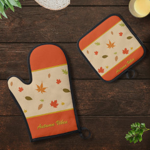 Bunte Herbstblätter mit individuellem Text Ofenhandschuh & Topflappen-Set
