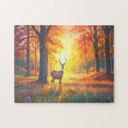 Bunte Herbstfarben im Wald und Hirsch-Kunst Puzzle (Horizontal)