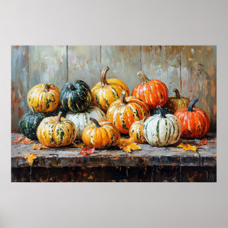Bunte Herbstkürbisse auf rustikalem Tisch Poster