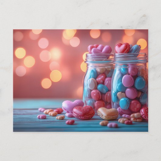 bunte Herz Macarones in Glas Postkarte (Vorderseite)