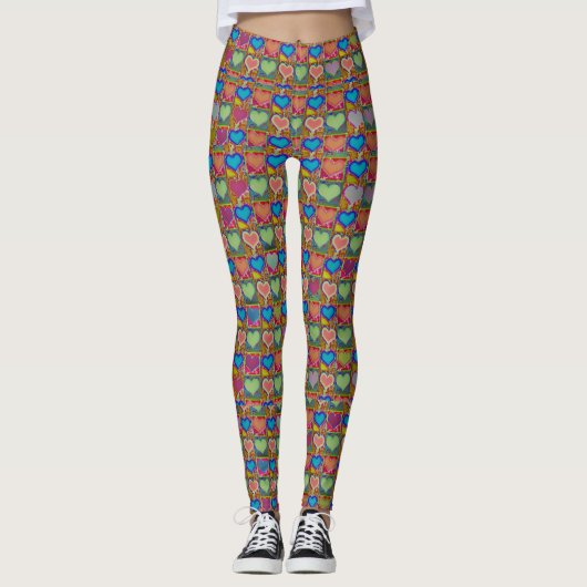 Bunte Herzen im geometrischen Muster Leggings (Vorderseite)