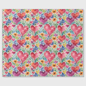 Bunte Herzen und Blumen Geschenkpapier (Flach)