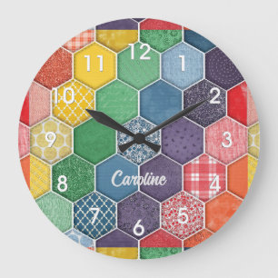 Bunte Hexagon- Quilt- Patch- Wanduhr