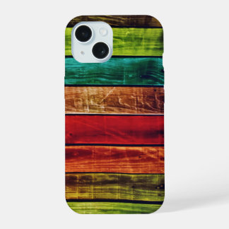 Bunte Holzplanken in Rot, Grün, Türkis und mehr iPhone 15 Hülle