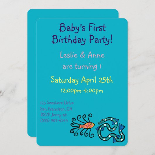 Bunte illustrierte Fisch-Freunde Einladung (Vorne/Hinten)