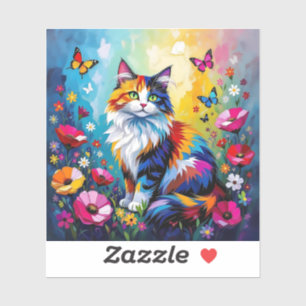Bunte Impasto-Katze, Blumen und Schmetterlinge Aufkleber