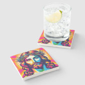 Bunte Jesus-Getränkeuntersetzer. Steinuntersetzer (Seitenansicht)