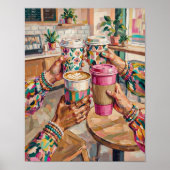 Bunte Kaffeehaus-Cheers-Freunde-Hände-Halten Poster (Vorne)