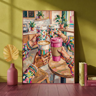 Bunte Kaffeehaus-Cheers-Freunde-Hände-Halten Poster