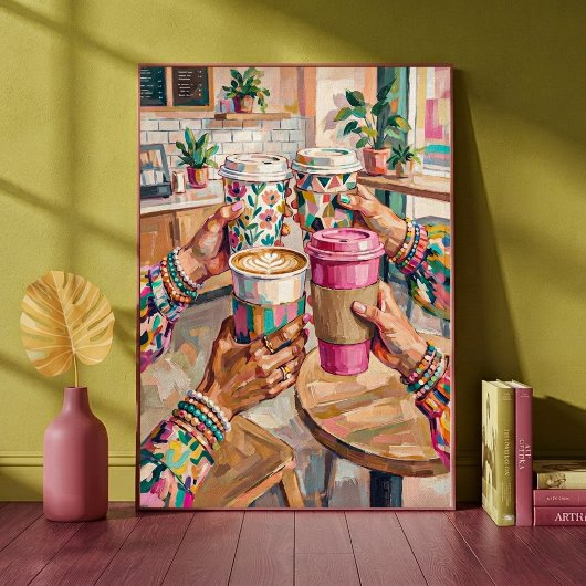 Bunte Kaffeehaus-Cheers-Freunde-Hände-Halten Poster