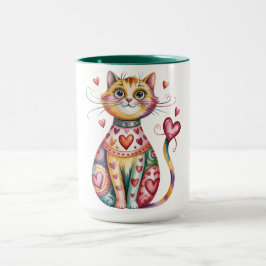 Bunte Kaffeetasse mit Design von Katze und Herzen