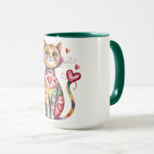 Bunte Kaffeetasse mit Design von Katze und Herzen (VorderseiteRechts)
