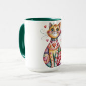 Bunte Kaffeetasse mit Design von Katze und Herzen (Vorderseite Links)