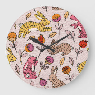 Bunte Kaninchen: Süße florale Vintage. Große Wanduhr