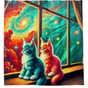 Bunte Kätzchen Strahlendes Kosmisches Fenster Szen Duschvorhang