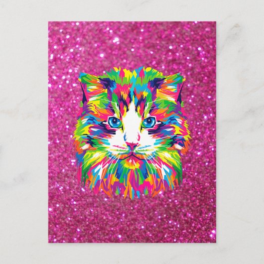 Bunte Katze auf funkelndem Hintergrund Postkarte (Vorderseite)