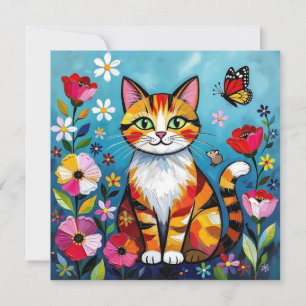 Bunte Katze, Blumen und Schmetterling