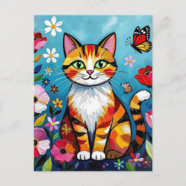 Bunte Katze, Blumen und Schmetterling Postkarte