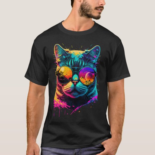 Bunte Katze mit Brille Grafik T-Shirt (Vorderseite)