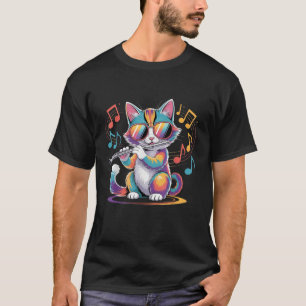 Bunte Katze mit Sonnenbrille spielt Flöte  T-Shirt