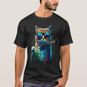 Bunte Katze mit Sonnenbrille spielt Flöte T-Shirt