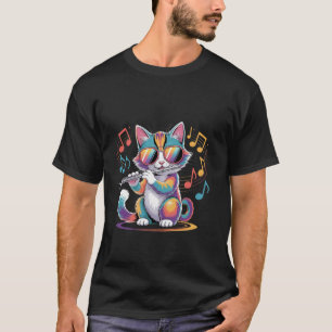 Bunte Katze mit Sonnenbrille spielt Flöte  T-Shirt