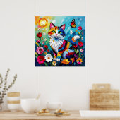 Bunte Katze und Schmetterling Poster (Küche)