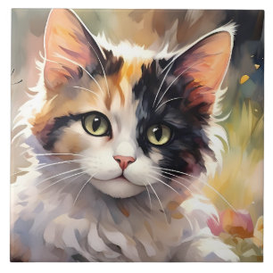 Bunte Katze und Schmetterlinge im Frühlingsgarten Fliese