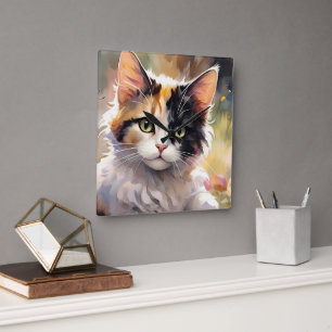 Bunte Katze und Schmetterlinge im Frühlingsgarten Quadratische Wanduhr