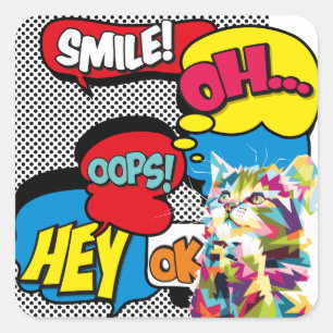 Bunte Katzen-Comic-Hoffnungs-Iconic Pop-Kunst Quadratischer Aufkleber