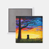 Bunte Katzen-Eichenbaum-Landschaft Creationarts Magnet (Vorderseite/Rückseite)