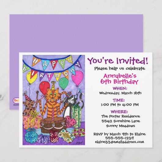 Bunte Katzen Geburtstagsparty Einladung (Vorne/Hinten)