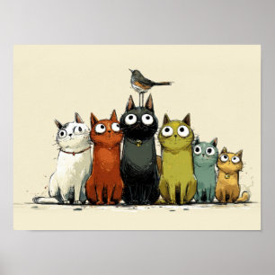 Bunte Katzen Gruppe – Süße Whimsical Katzen Kunst Poster