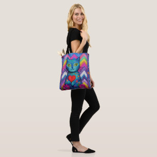 Bunte Katzen-Tasche mit Blumen- und Herz-Design Tasche