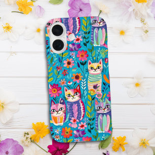 Bunte Katzen und Blumen Whimsical Happy iPhone 16 Hülle
