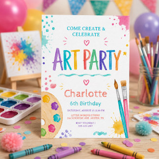 Bunte Kinderkunstparty  6. Geburtstagsmalerei  Einladung