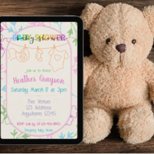 Bunte Kleidung mit Blumen Baby Shower Einladung