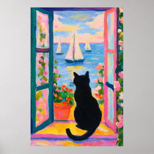 Bunte Küstenkatzenmalerei Fenster Segelboote Poster