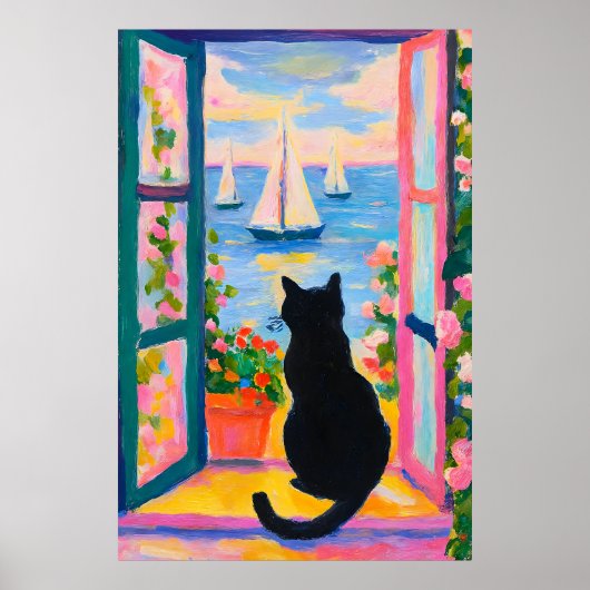 Bunte Küstenkatzenmalerei Fenster Segelboote Poster (Vorne)