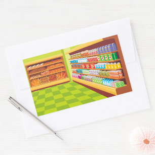Bunte Lebensmittelgeschäft-Galerie und Bäckerei Rechteckiger Aufkleber