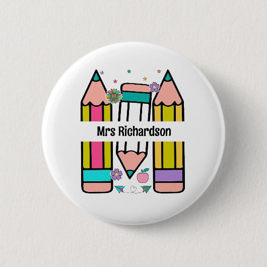 Bunte Lehrerpflanze Bleistift Cartoon Button (Vorderseite)
