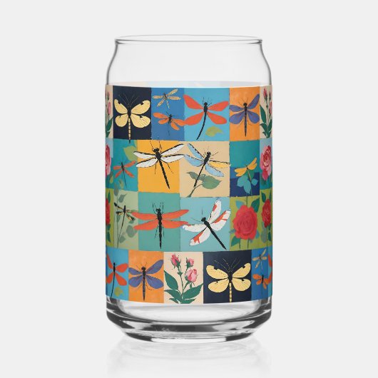 Bunte Libellen und Rosen Patchwork Dosenglas (Vorderseite)