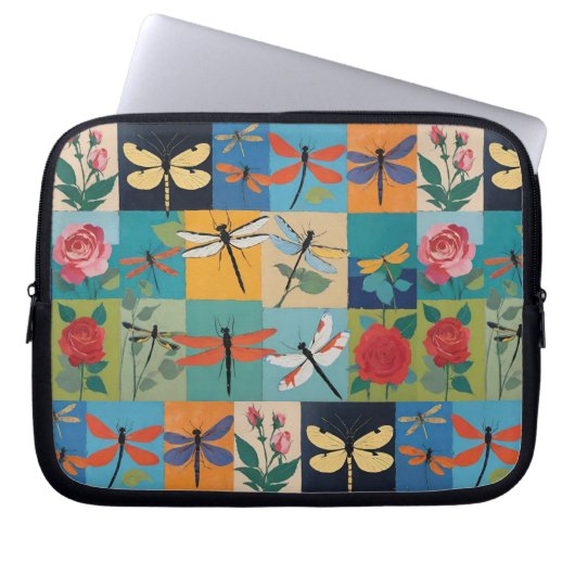Bunte Libellen und Rosen Patchwork Laptopschutzhülle (Vorderseite)
