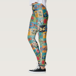 Bunte Libellen und Rosen Patchwork Leggings