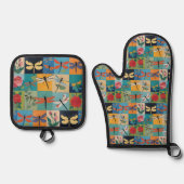 Bunte Libellen und Rosen Patchwork Ofenhandschuh & Topflappen-Set (Vorderseite)